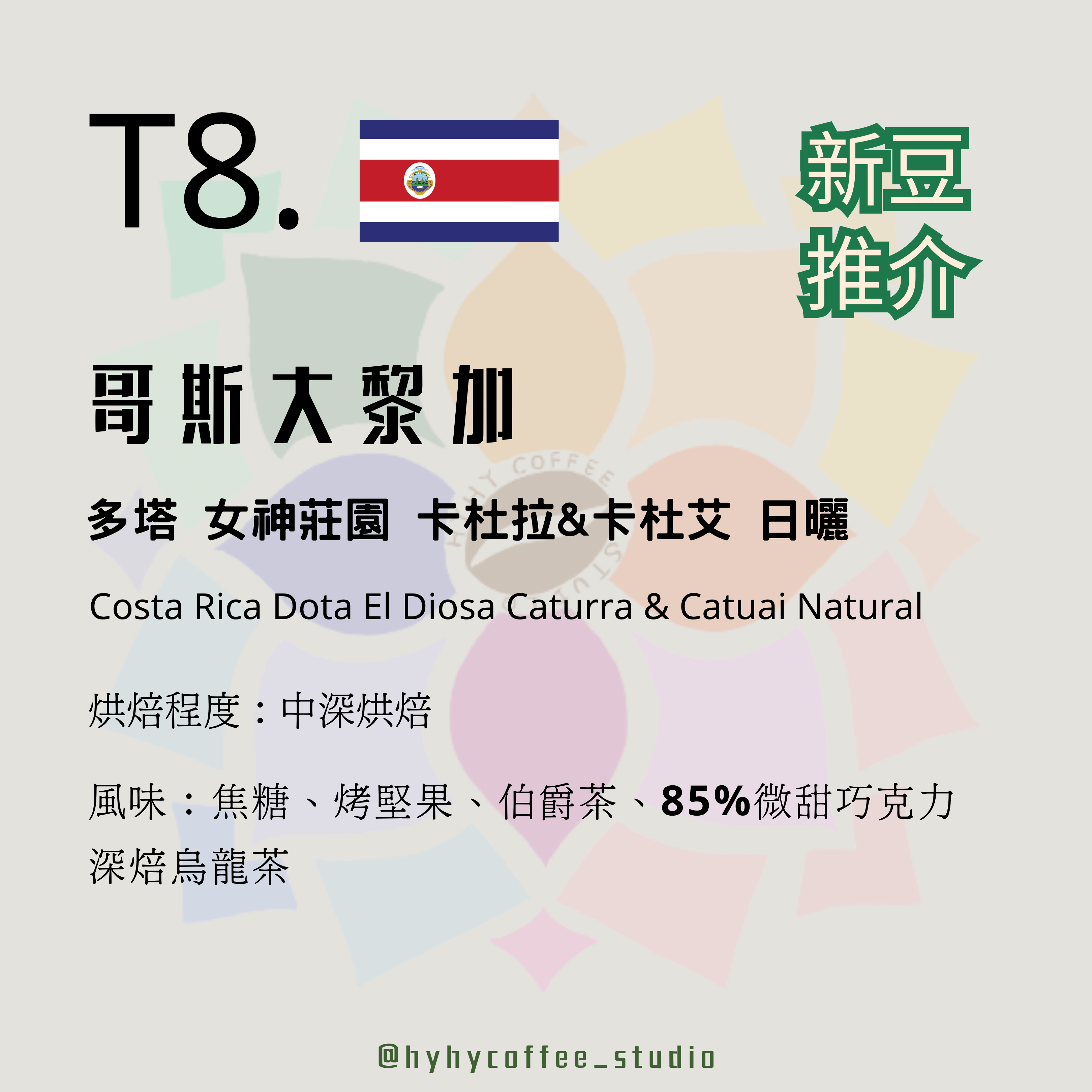 【台灣烘焙】T8. 哥斯大黎加 多塔 女神莊園 卡杜拉&卡杜艾 日曬 中深烘焙 227g