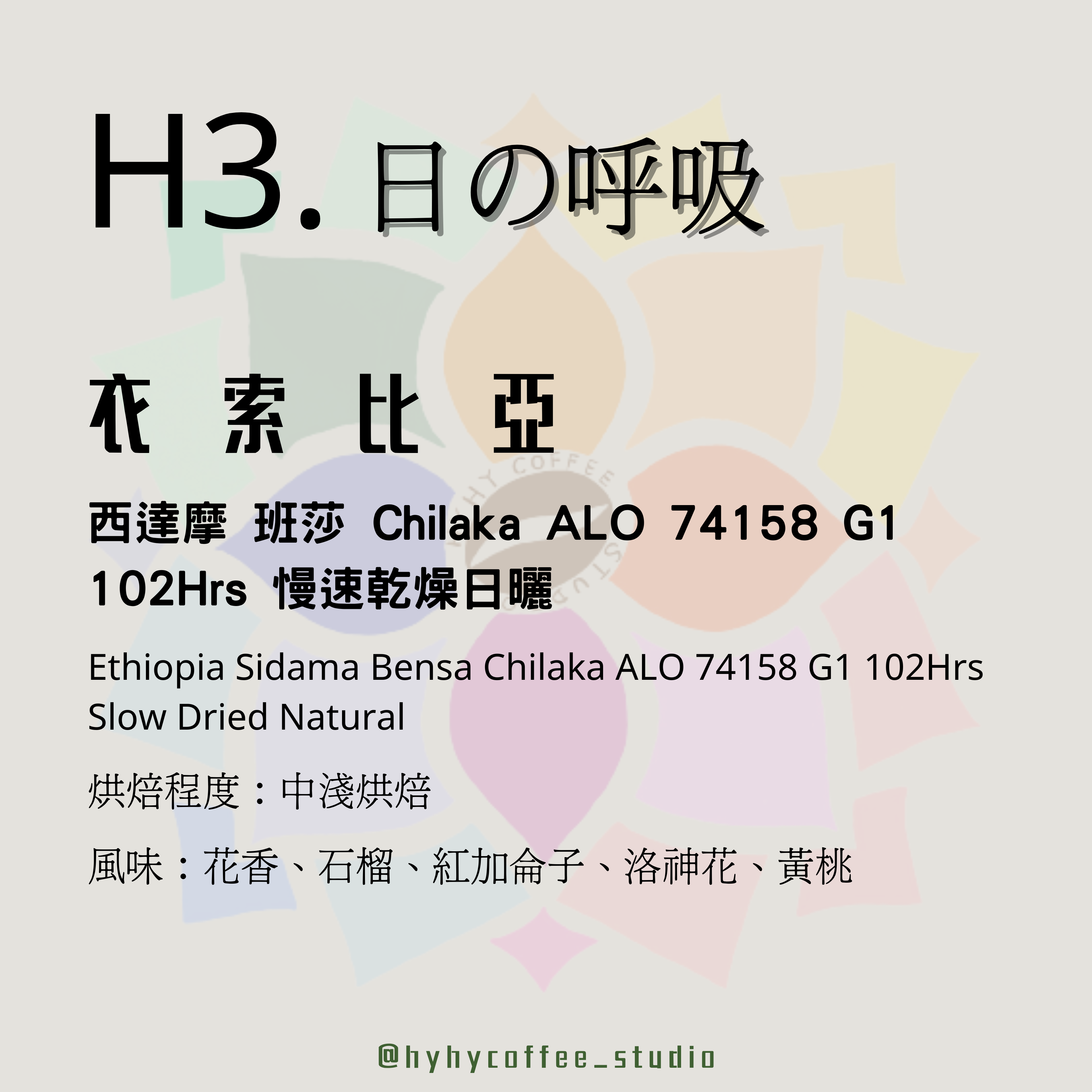 【本地烘焙】H3. 衣索比亞 西達摩 班莎 Chilaka ALO 74158 G1 102Hrs  慢速乾燥日曬 100g