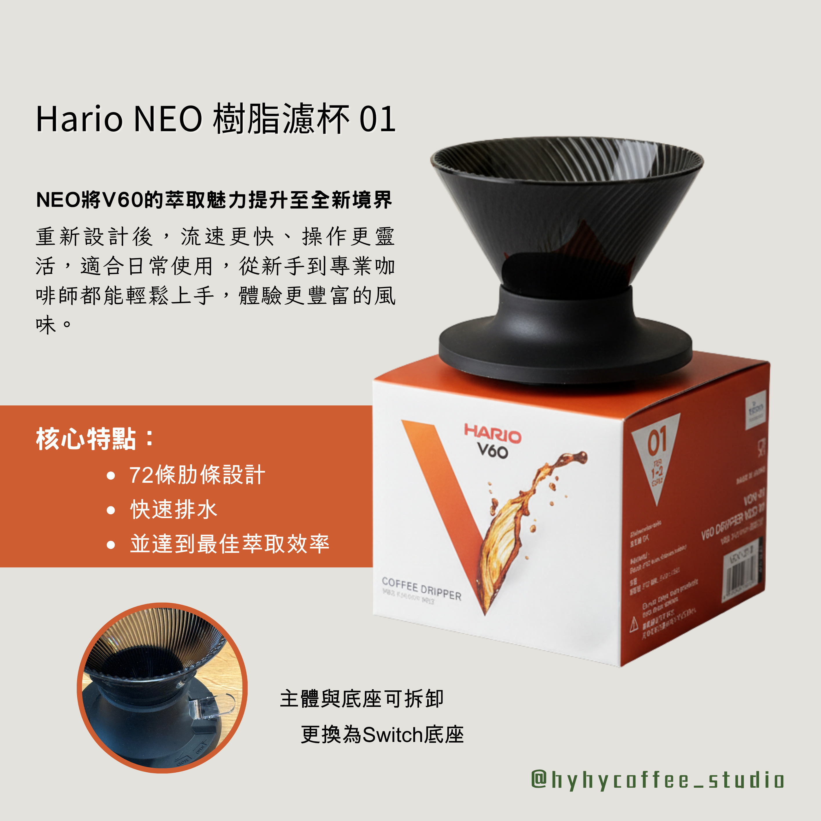 HARIO 新一代V60 NEO  樹脂膠材質 手沖咖啡濾杯